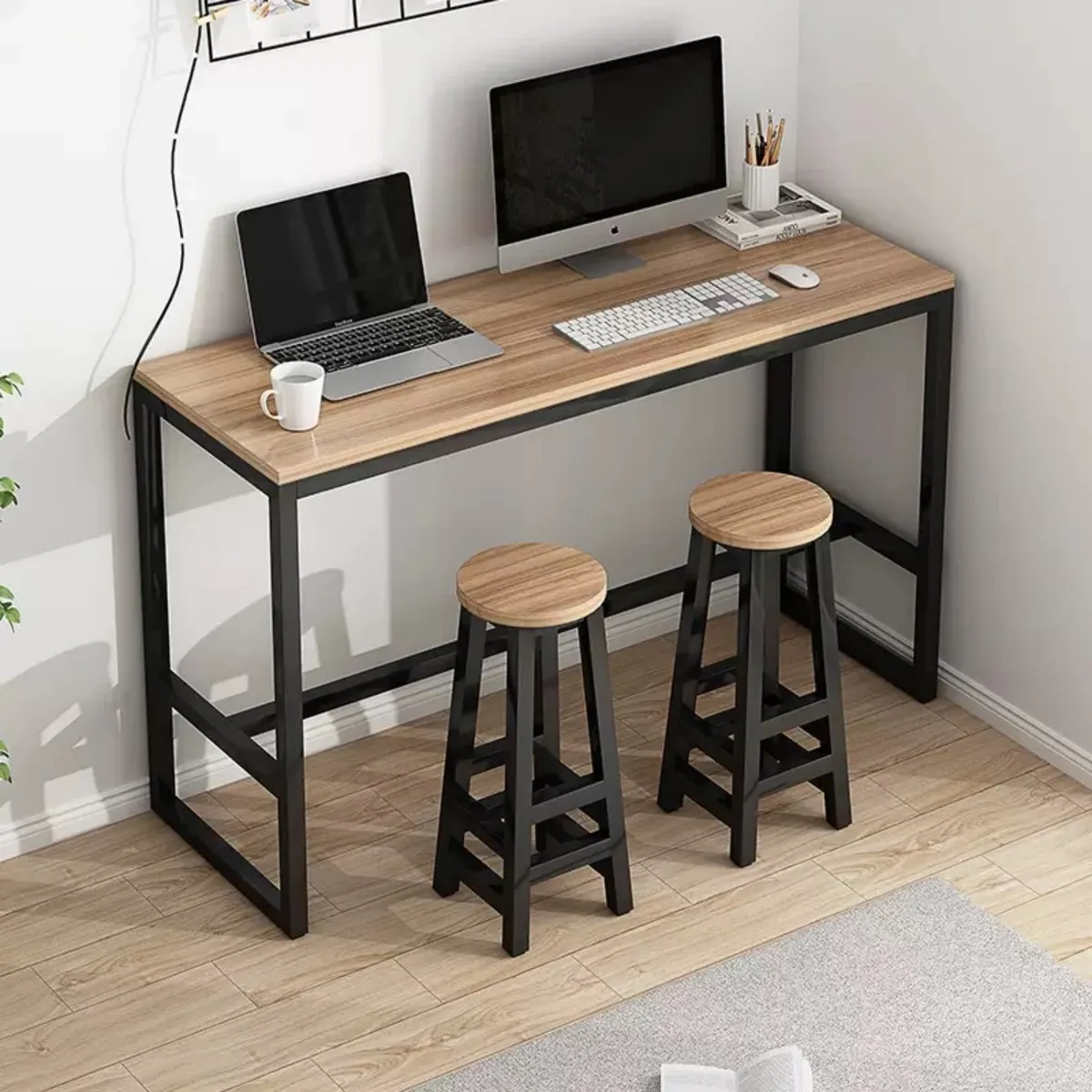 IDEEHOUSE - Escritorio Mesa Bar Multiuso Con Dos Taburetes Marrón Claro