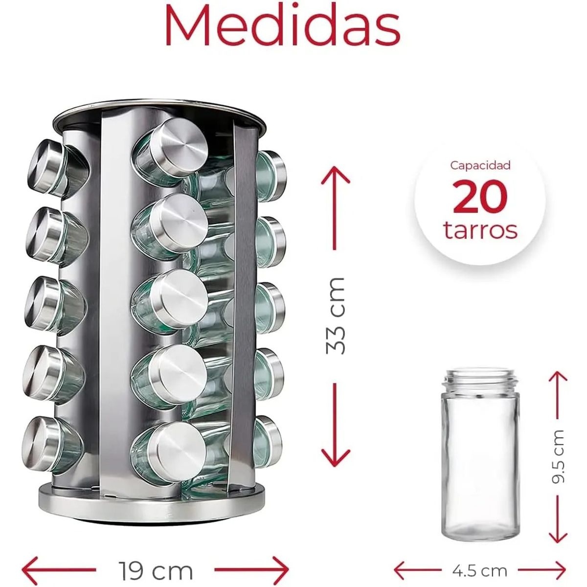 EVERSO - Especiero Giratorio De Acero Inoxidable Con Frascos Almacén DeEspecias