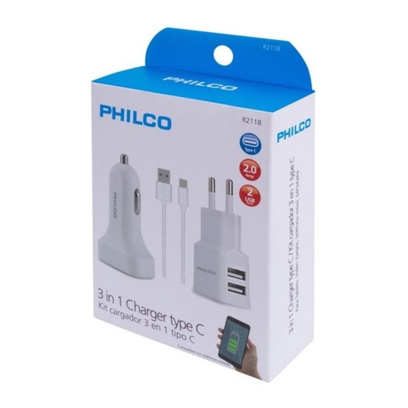 PHILCO - Kit Cargador De Pared Tipo C Cargador De Auto Blanco Philco