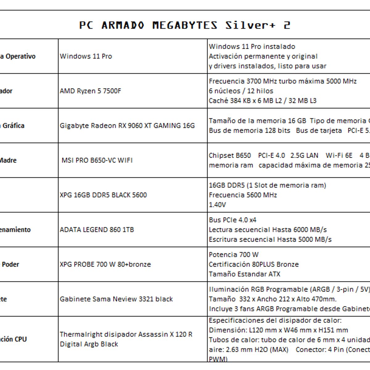 GENERICO - PC Gamer Silver 2 Ryzen 5 7500F  Radeon 9060 XT 16 Gb Ddr5 1 Tb Nvme
