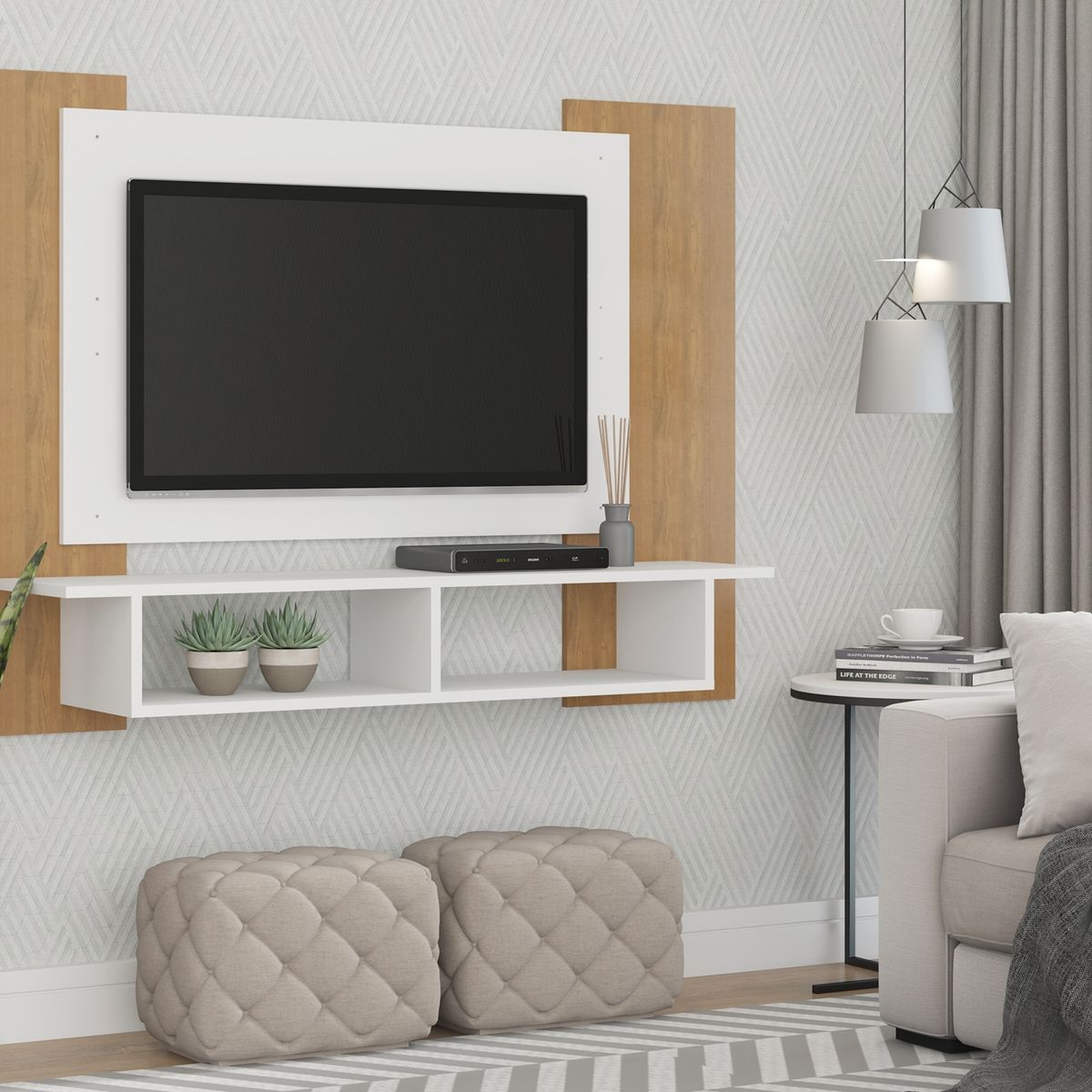 EXIT - Panel TV hasta 55 pulgadas Madera Clara y Blanco con Repisa