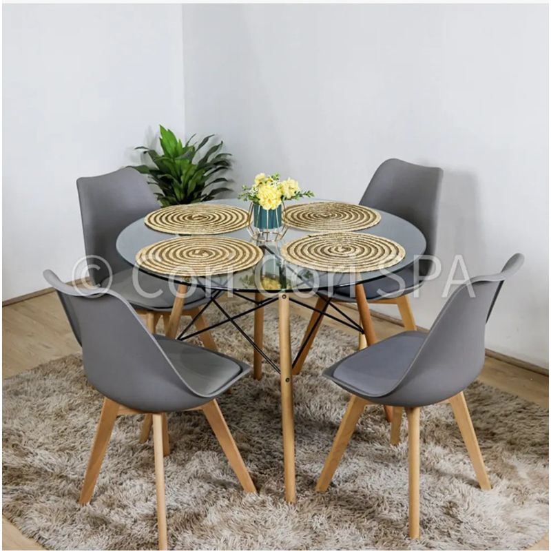 CORI CORI - Juego de Comedor Mesa Eames Vidrio 80cm + 4 Sillas Tulip Gris