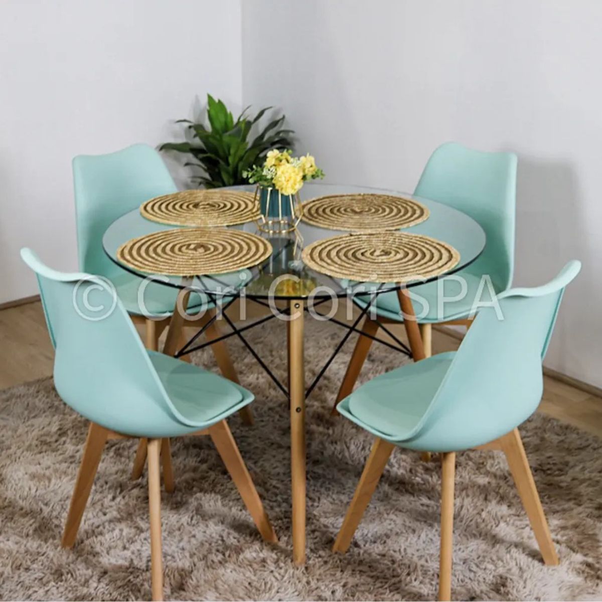 CORI CORI - Juego de Comedor Mesa Eames Vidrio 80cm + 4 Sillas Tulip Menta