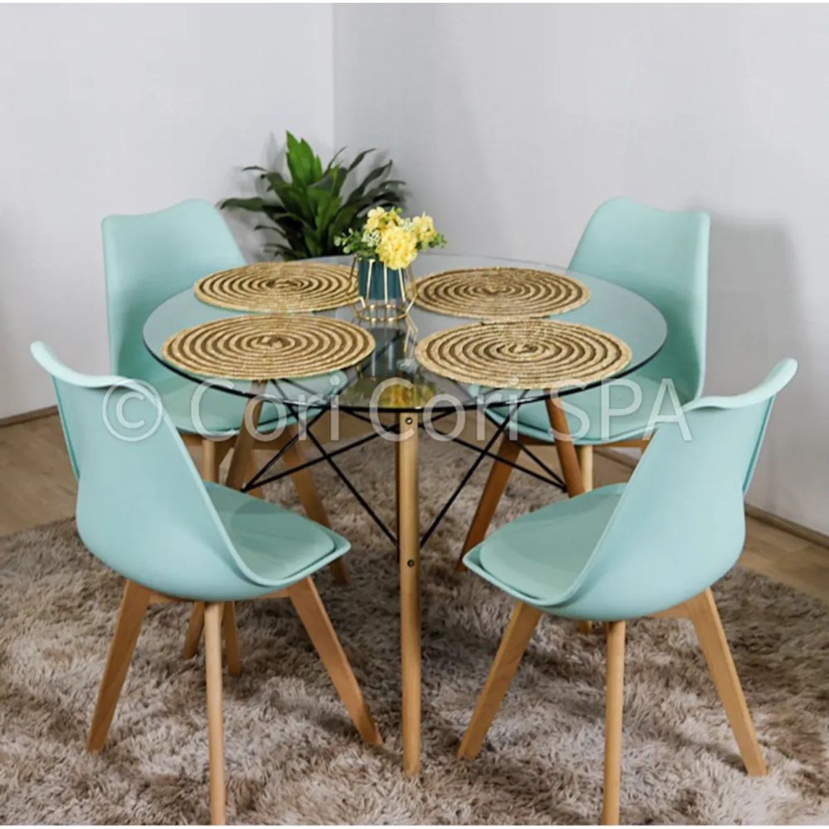 CORI CORI - Juego de Comedor Mesa Eames Vidrio 80cm + 4 Sillas Tulip Menta
