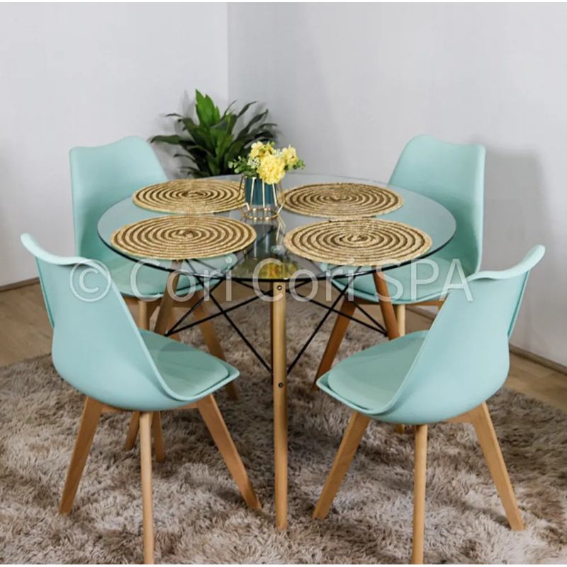 CORI CORI - Juego de Comedor Mesa Eames Vidrio 80cm + 4 Sillas Tulip Menta