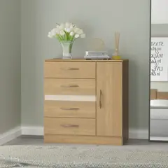 EXIT - Cómoda 4 Cajones 1 Puerta 90x93x40 cm Roble Claro