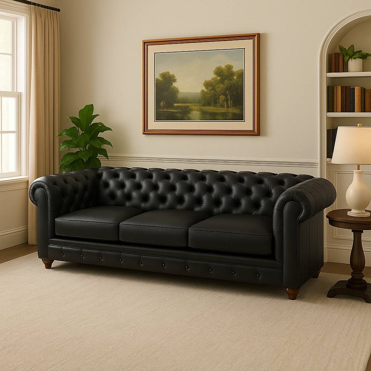 GENERICO - SOFA CHESTERFIELD CUERO NATURAL NEGRO