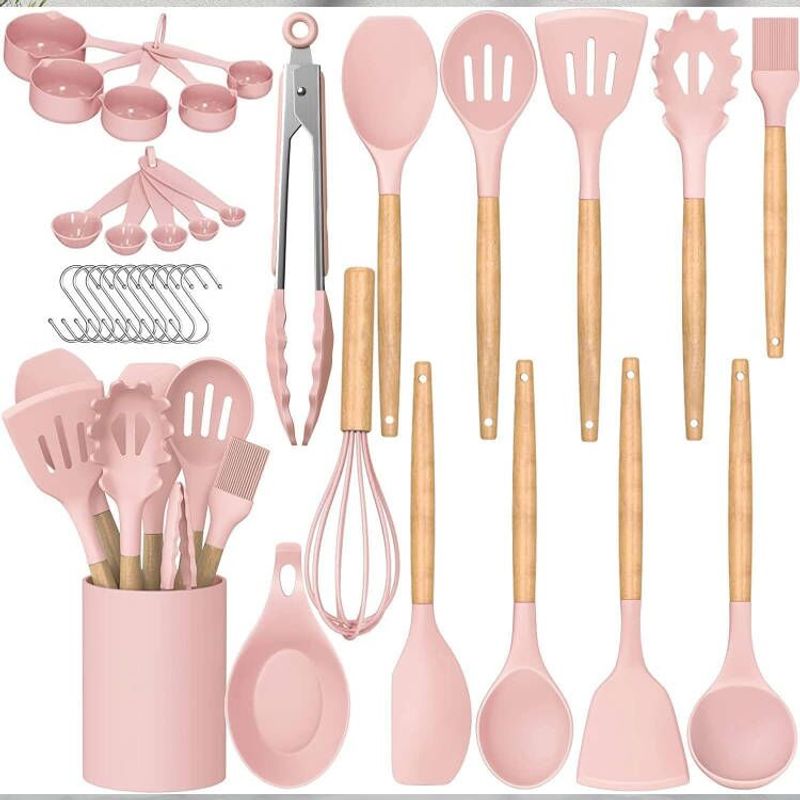 GENERICO - Juego De Utensilios Premium De Cocina con Tazas Medidora Rosado 33 pzas
