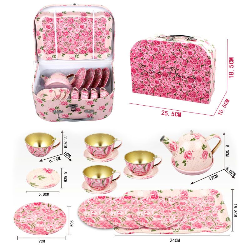 GENERICO - Juego De Tacitas Teteras Platitos Metalicos Caja Regalo Rosa