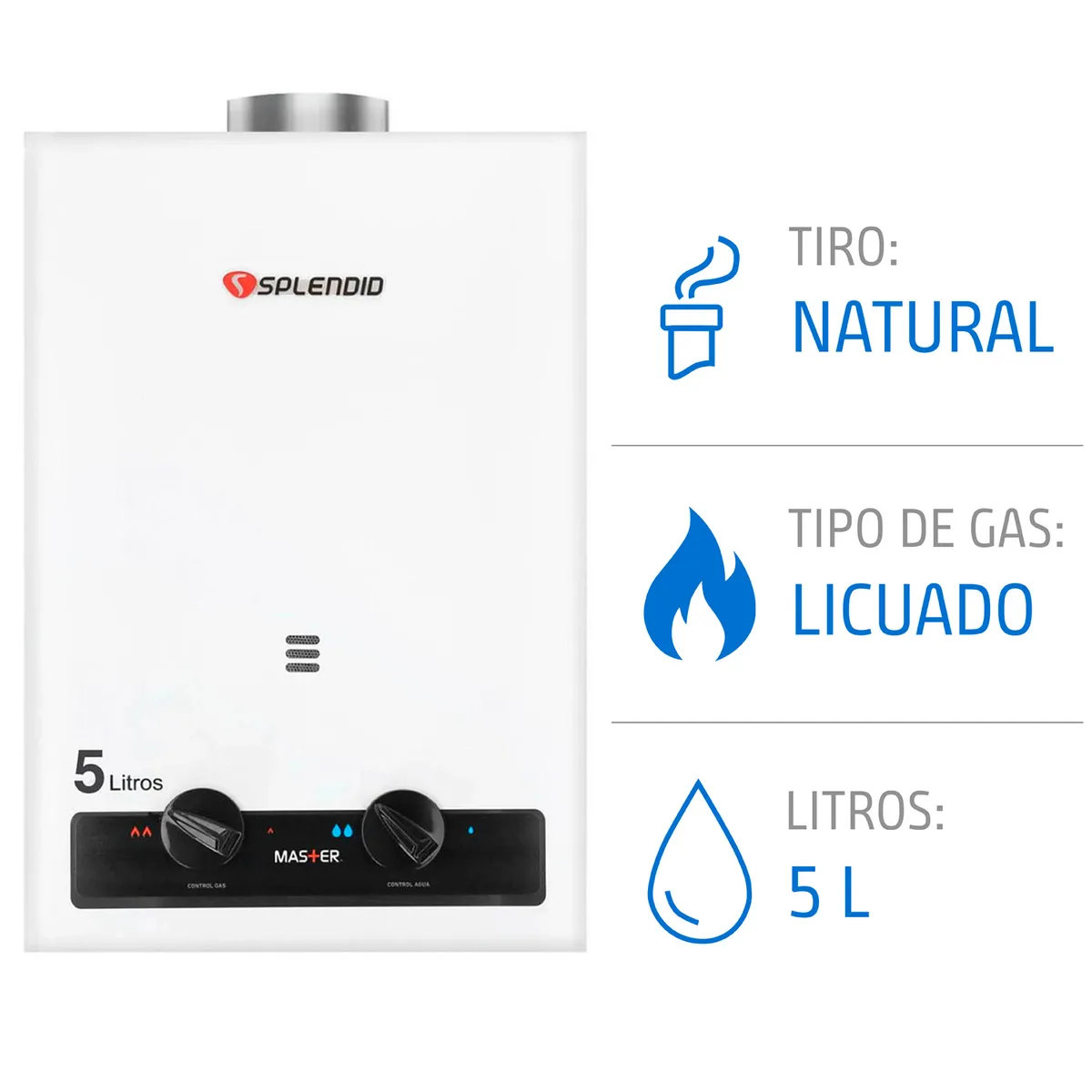 Calefont 5 litros Gas licuado Tiro natural Splendid, marca SPLENDID - Foto Principal