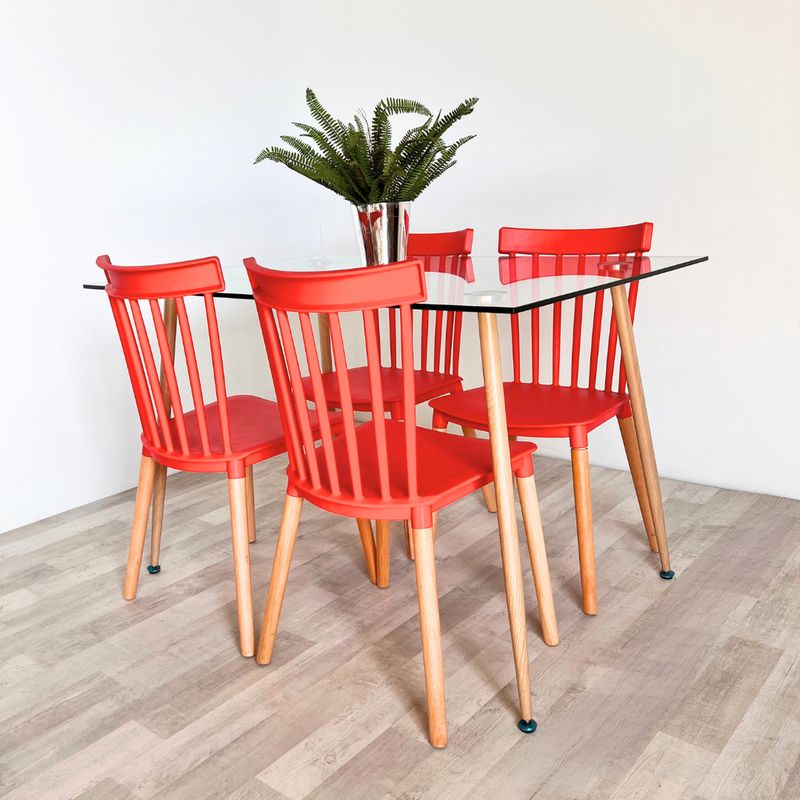 PANDALINO - Comedor Moderno Mesa Vitreo 120x80 + 4 Sillas Windsor Rojas
