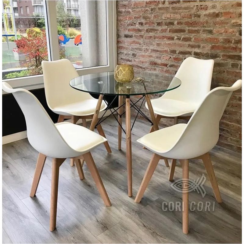 CORI CORI - Juego de Comedor Mesa Eames Vidrio 80cm + 4 Sillas Tulip Blanco