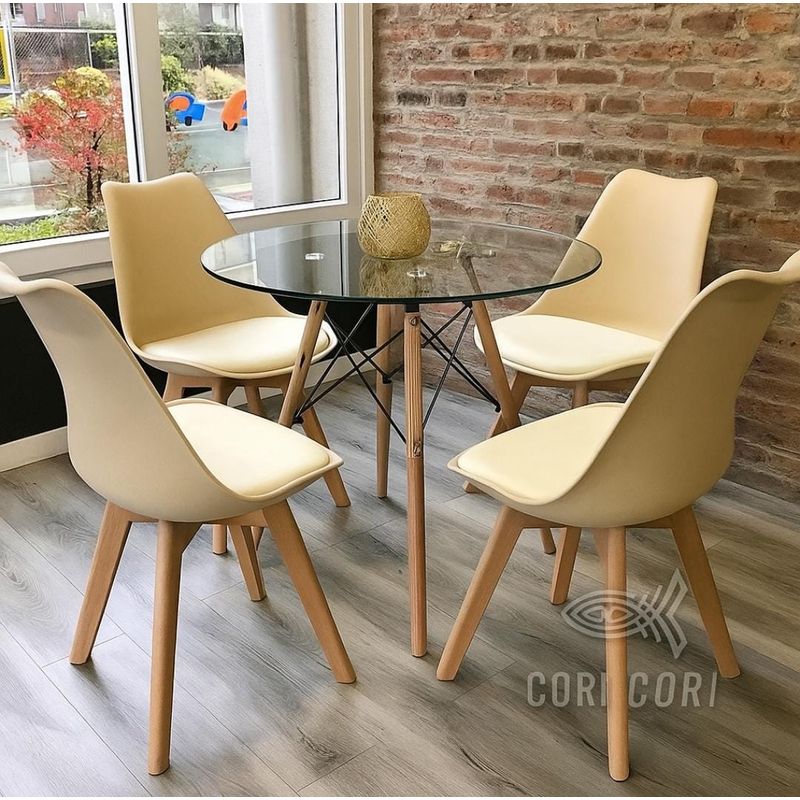 CORI CORI - Juego de Comedor Mesa Eames Vidrio 80cm + 4 Sillas Tulip Beige