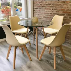 CORI CORI - Juego de Comedor Mesa Eames Vidrio 80cm + 4 Sillas Tulip Beige