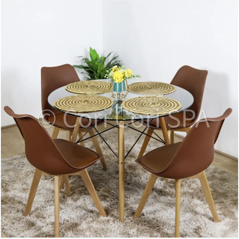 CORI CORI - Juego de Comedor Mesa Eames Vidrio 80cm + 4 Sillas Tulip Cafe