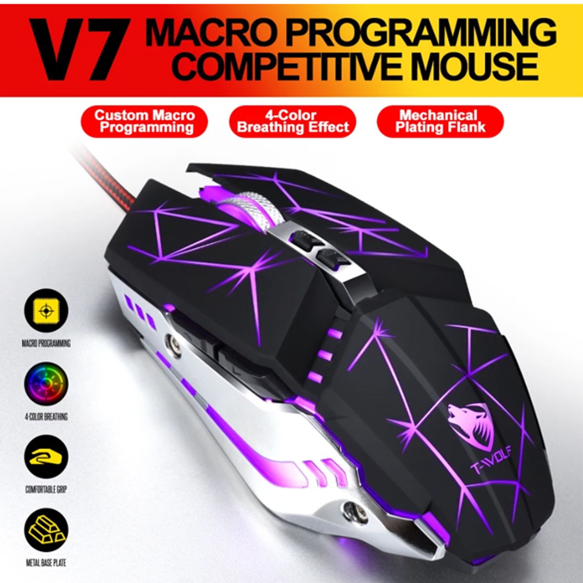 GENERICO - Mouse Gamer T-Wolf V7 - Negro RGB