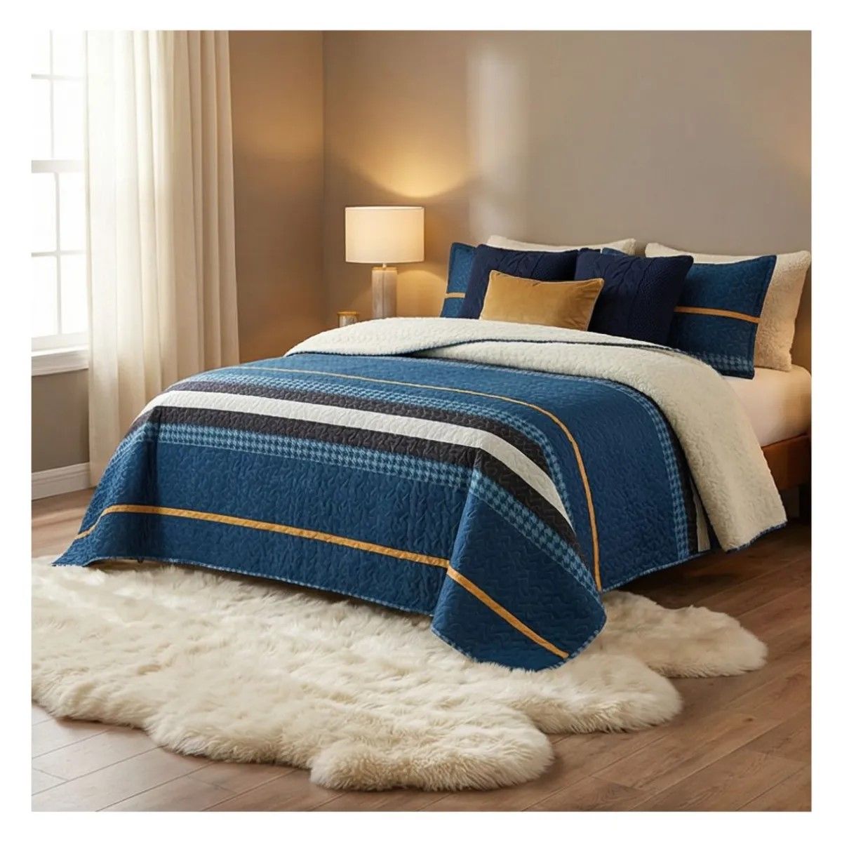 COMPRAPO - Cubrecama Quilt Juvenil Sherpa 2 Plazas Modelo Urban Blue + 2 Fundas