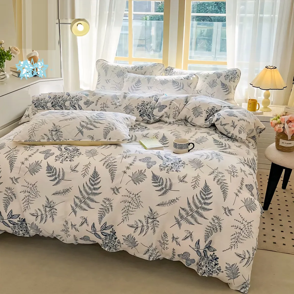 GENERICO - SABANA KING TF BLANCO PATRON DE HOJAS JUEGO DE 4 PZA