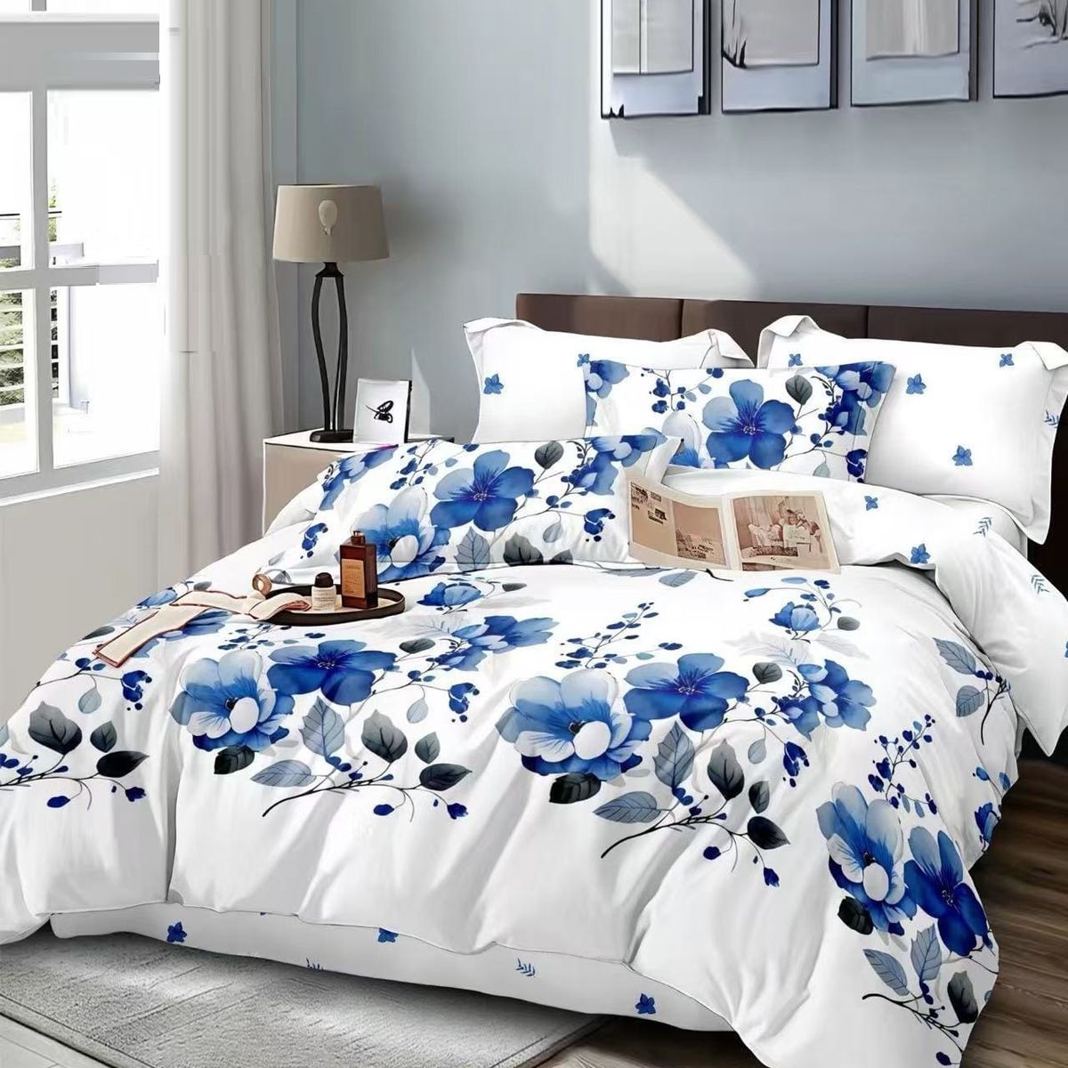 GENERICO - SABANA 1.5 PLAZA TF BLANCO DISEÑO FLOR AZUL SET DE 3 PIEZAS