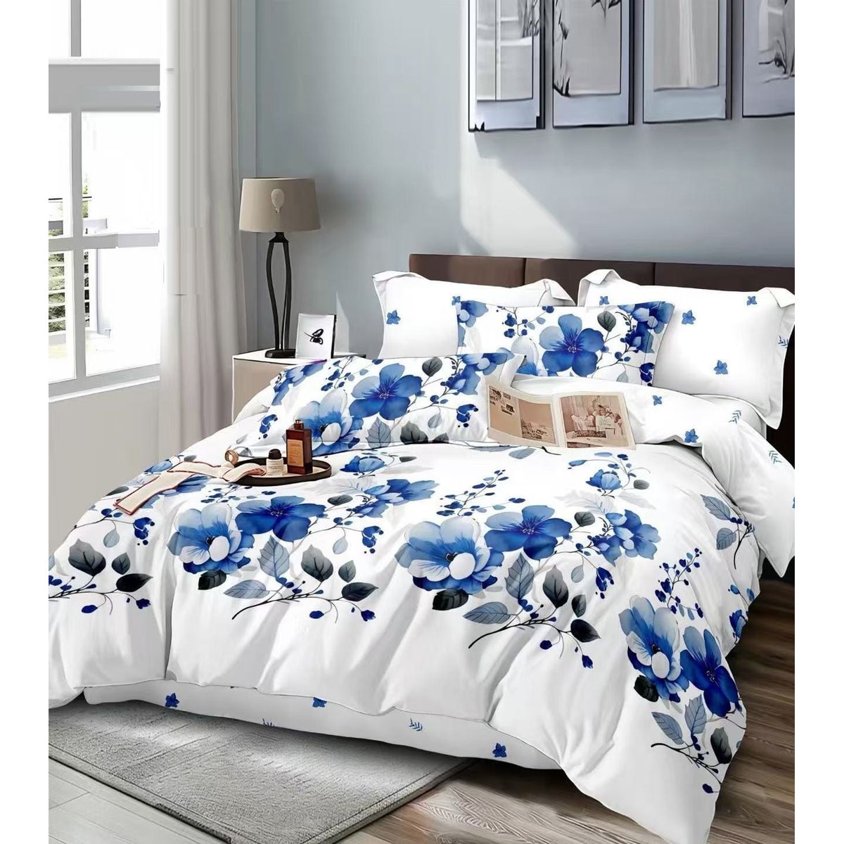 GENERICO - SABANA 1.5 PLAZA TF BLANCO DISEÑO FLOR AZUL SET DE 3 PIEZAS