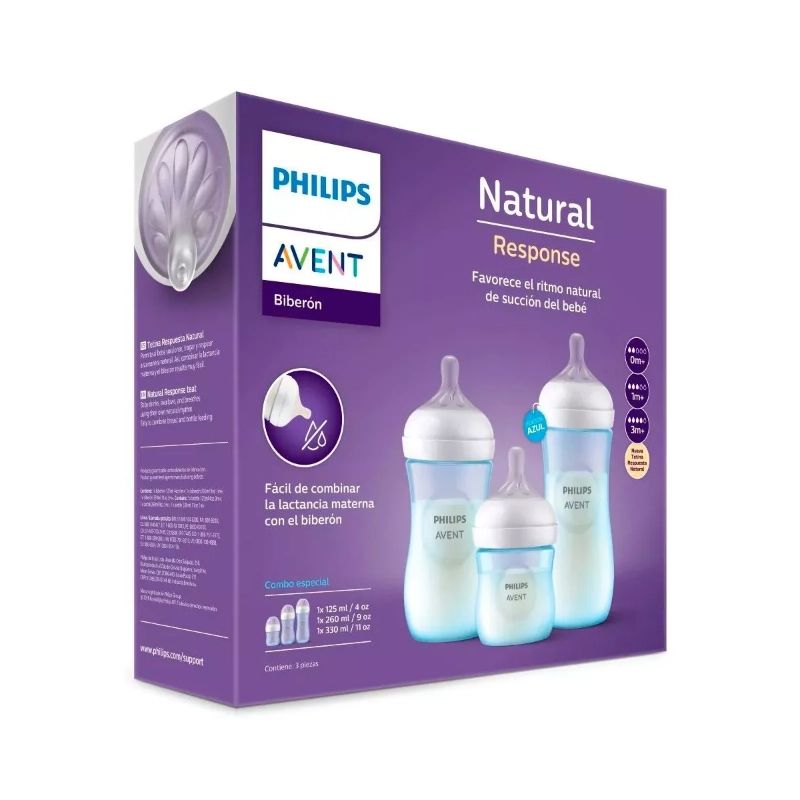 AVENT - Pack 3 Mamaderas Avent Natural 125ml 260ml 330ml Azul