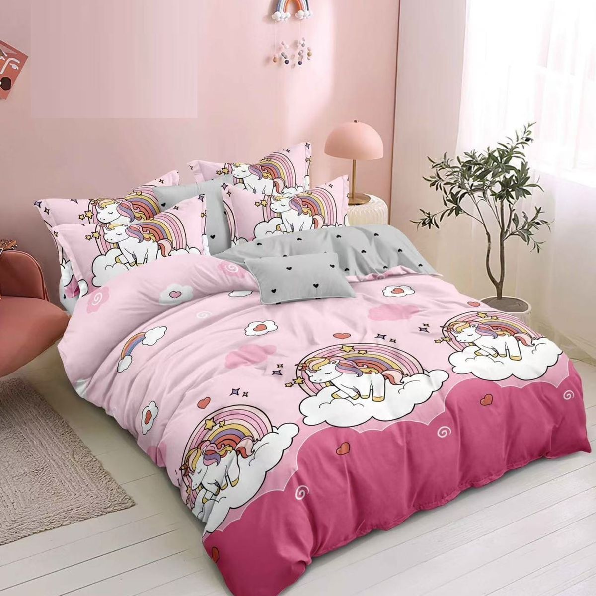 GENERICO - SABANA 1.5 PLAZA TF ROSADO UNICORNIO ARCOIRIS SET DE 3 PIEZAS