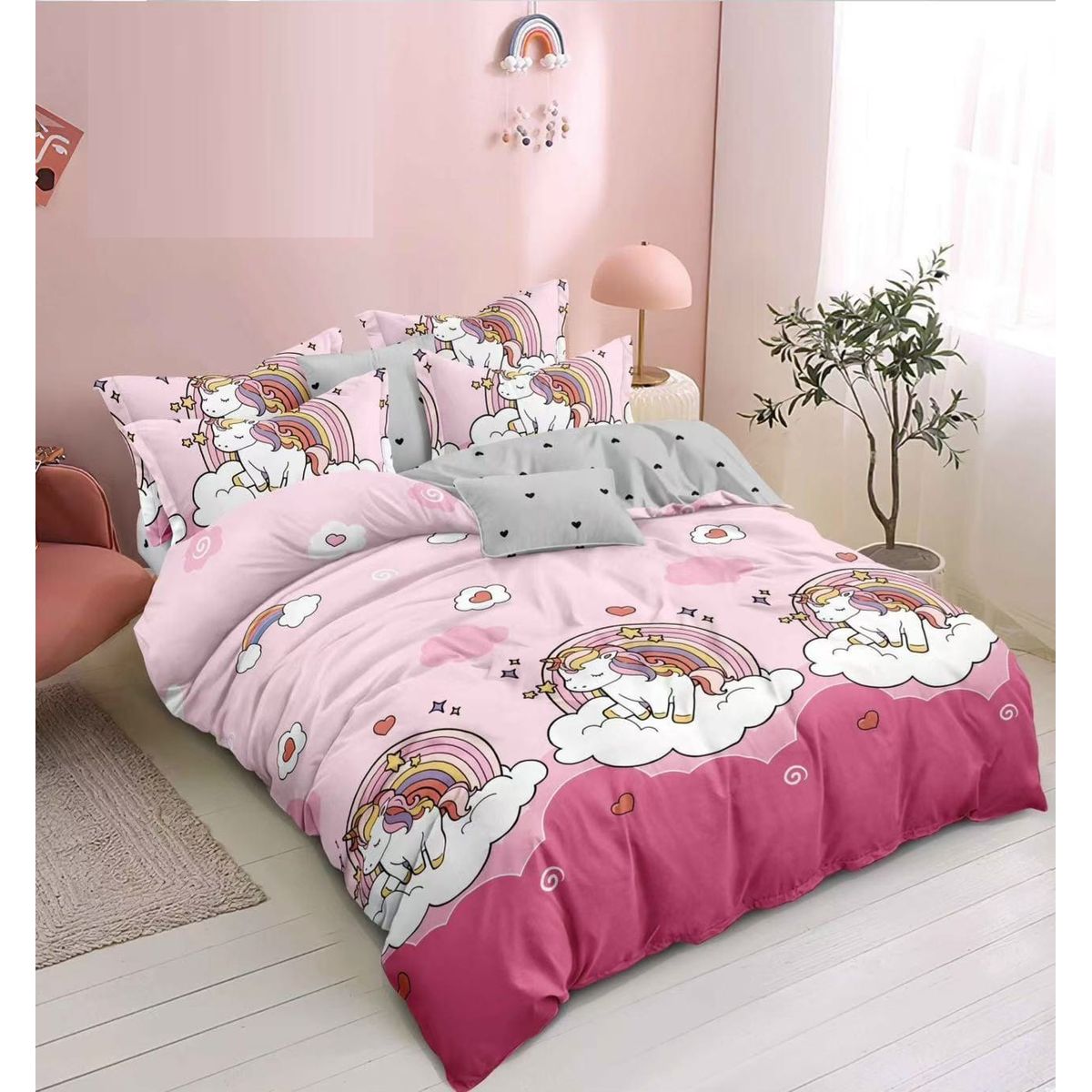 GENERICO - SABANA 1.5 PLAZA TF ROSADO UNICORNIO ARCOIRIS SET DE 3 PIEZAS