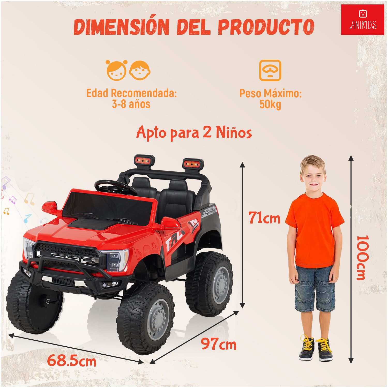 ANIKIDS Auto a Batería Niños 12V Control Remoto Todoterreno Rojo