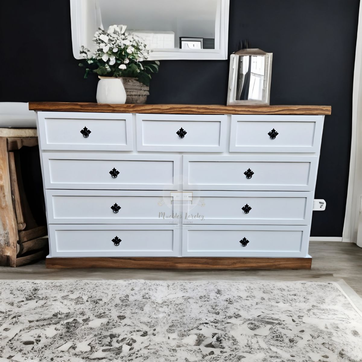 RUSTIC STYLE - COMODA MADERA 9 CAJONES BLANCA Y NOGAL CON TIRADOR NEGRO