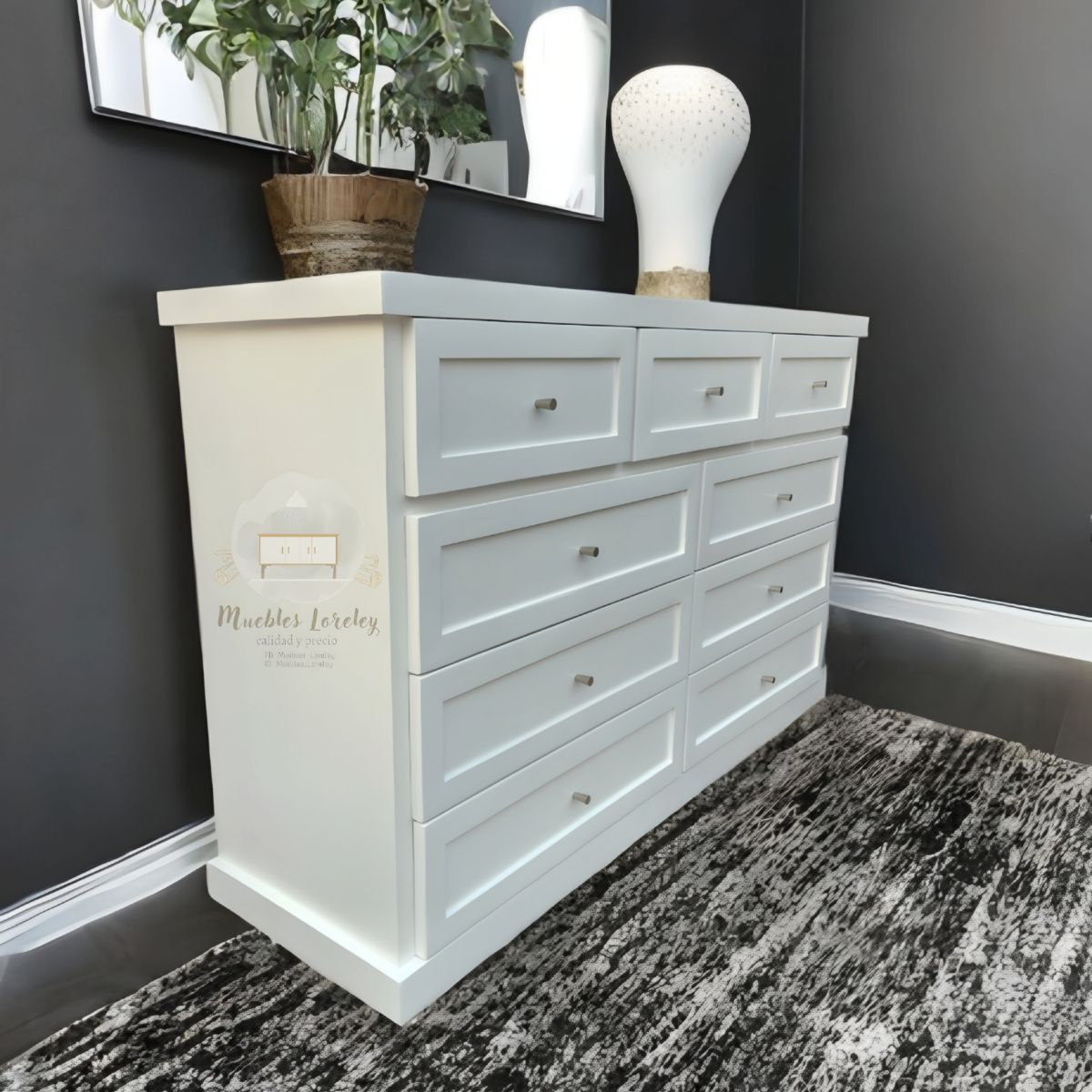 RUSTIC STYLE - COMODA MADERA 9 CAJONES BLANCA + TELESCOPICOS + TIRADOR PREMIUM