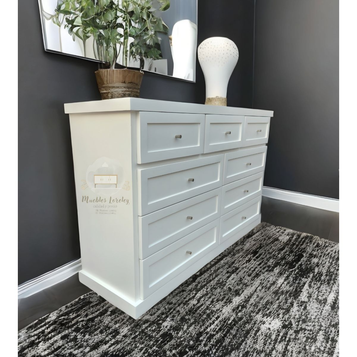 RUSTIC STYLE - COMODA MADERA 9 CAJONES BLANCA + TELESCOPICOS + TIRADOR PREMIUM