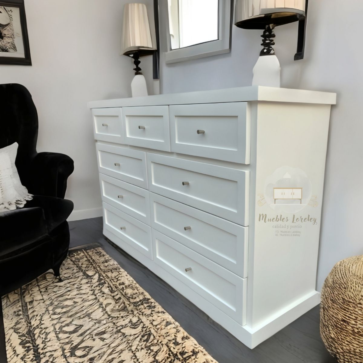 RUSTIC STYLE - COMODA MADERA 9 CAJONES BLANCA + TELESCOPICOS + TIRADOR PREMIUM
