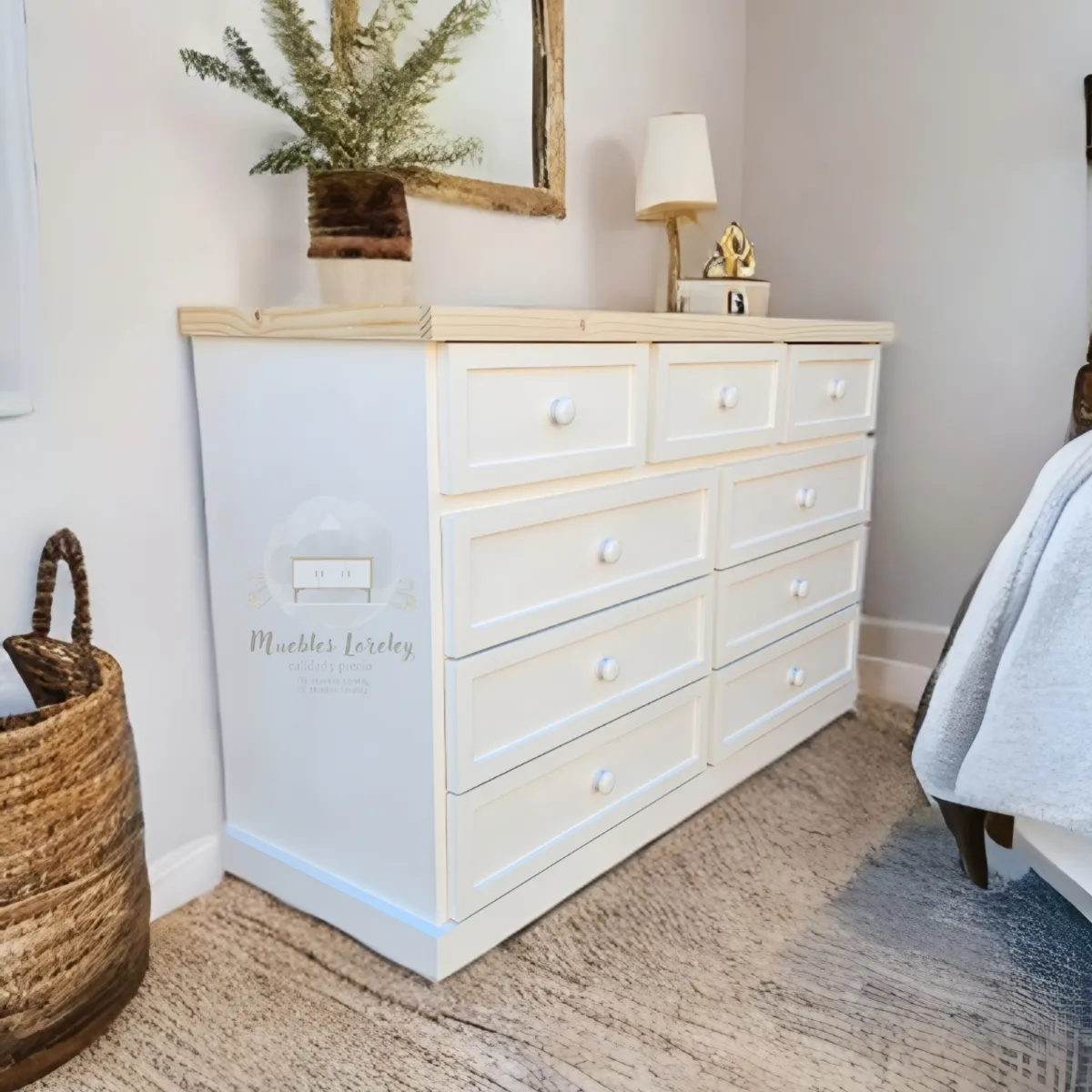 RUSTIC STYLE - COMODA MADERA 9 CAJONES BLANCA Y NATURAL + TIRADOR BLANCO
