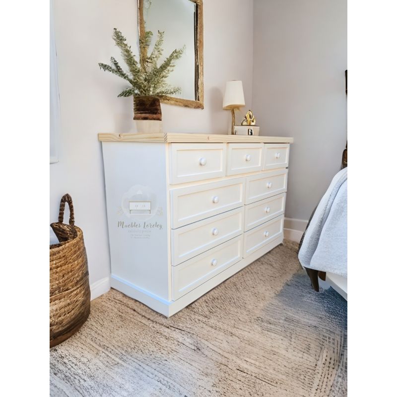 RUSTIC STYLE - COMODA MADERA 9 CAJONES BLANCA Y NATURAL + TIRADOR BLANCO