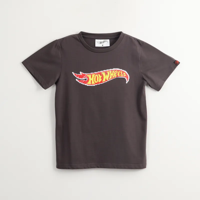 HOT WHEELS - Polera Manga Corta Niño Lentejuelas Logo Gris Hot Wheels