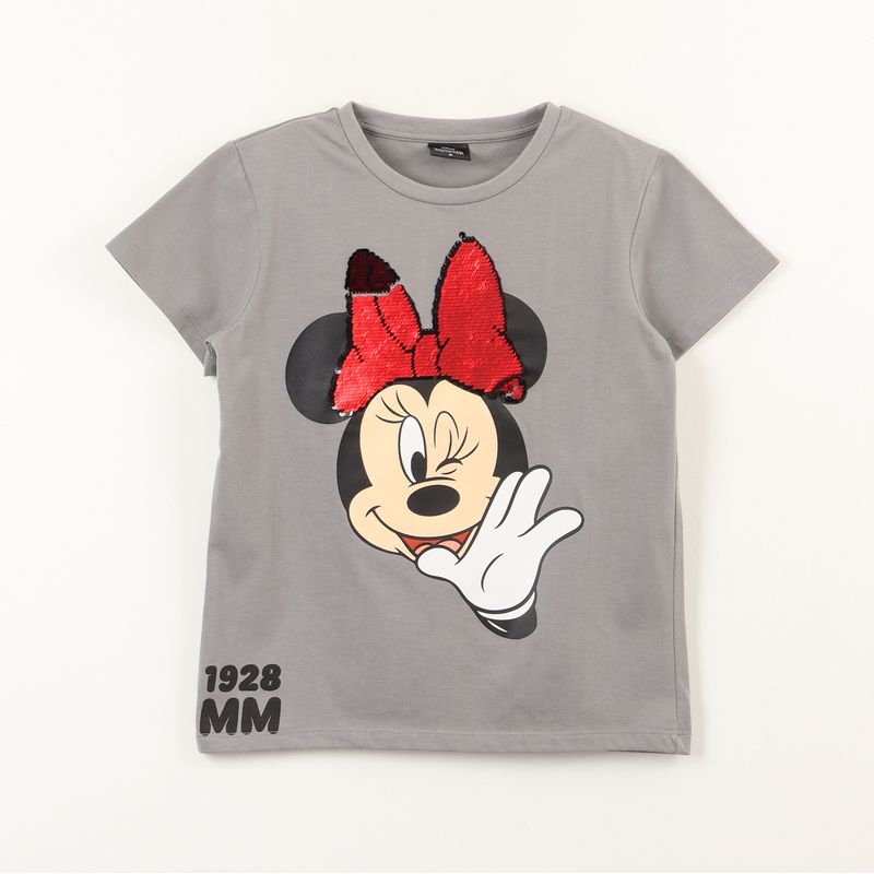 DISNEY - Polera Manga Corta Niña Minnie Lentejuelas Moño Gris Disney