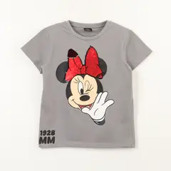 DISNEY - Polera Manga Corta Niña Minnie Lentejuelas Moño Gris