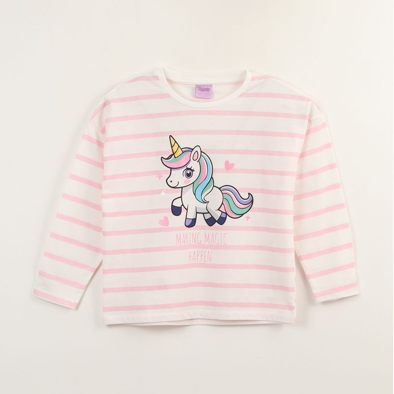 DISNEY - Polera Manga Larga Niña Pink Lines Blanco Unicornio