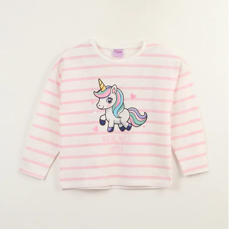 DISNEY - Polera Manga Larga Niña Pink Lines Blanco Unicornio