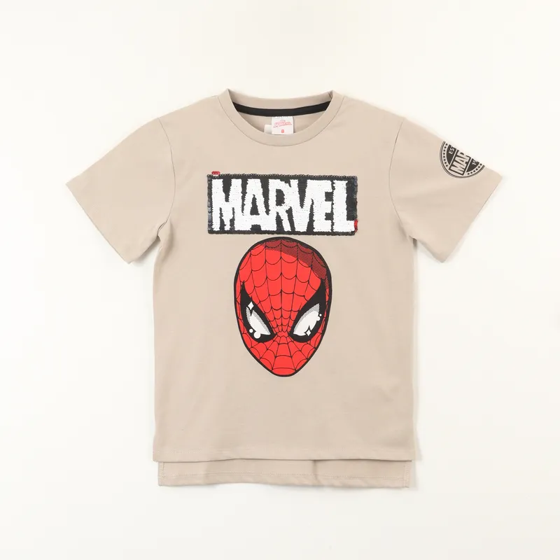 MARVEL - Polera Manga Corta Niño Spiderman Lentejuelas Beige Marvel