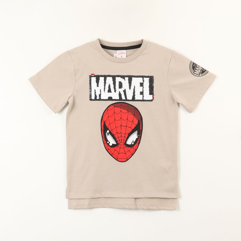 MARVEL - Polera Manga Corta Niño Spiderman Lentejuelas Beige Marvel