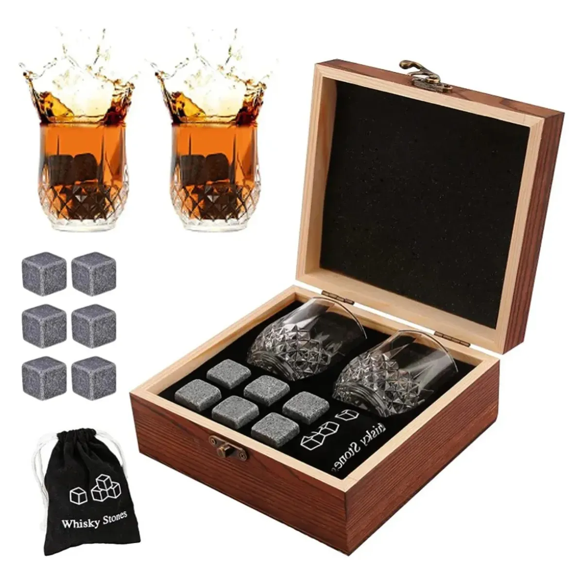 KUANGYE - Whiskey Stones Set Granito Chill+2 Vasos Whiskey Caja Madera