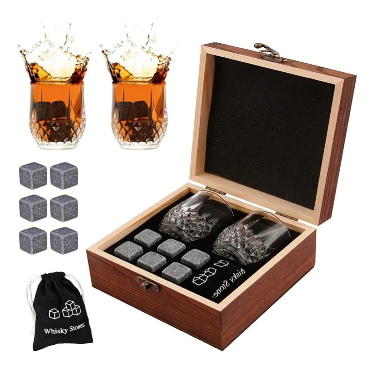 KUANGYE - Whiskey Stones Set Granito Chill+2 Vasos Whiskey Caja Madera