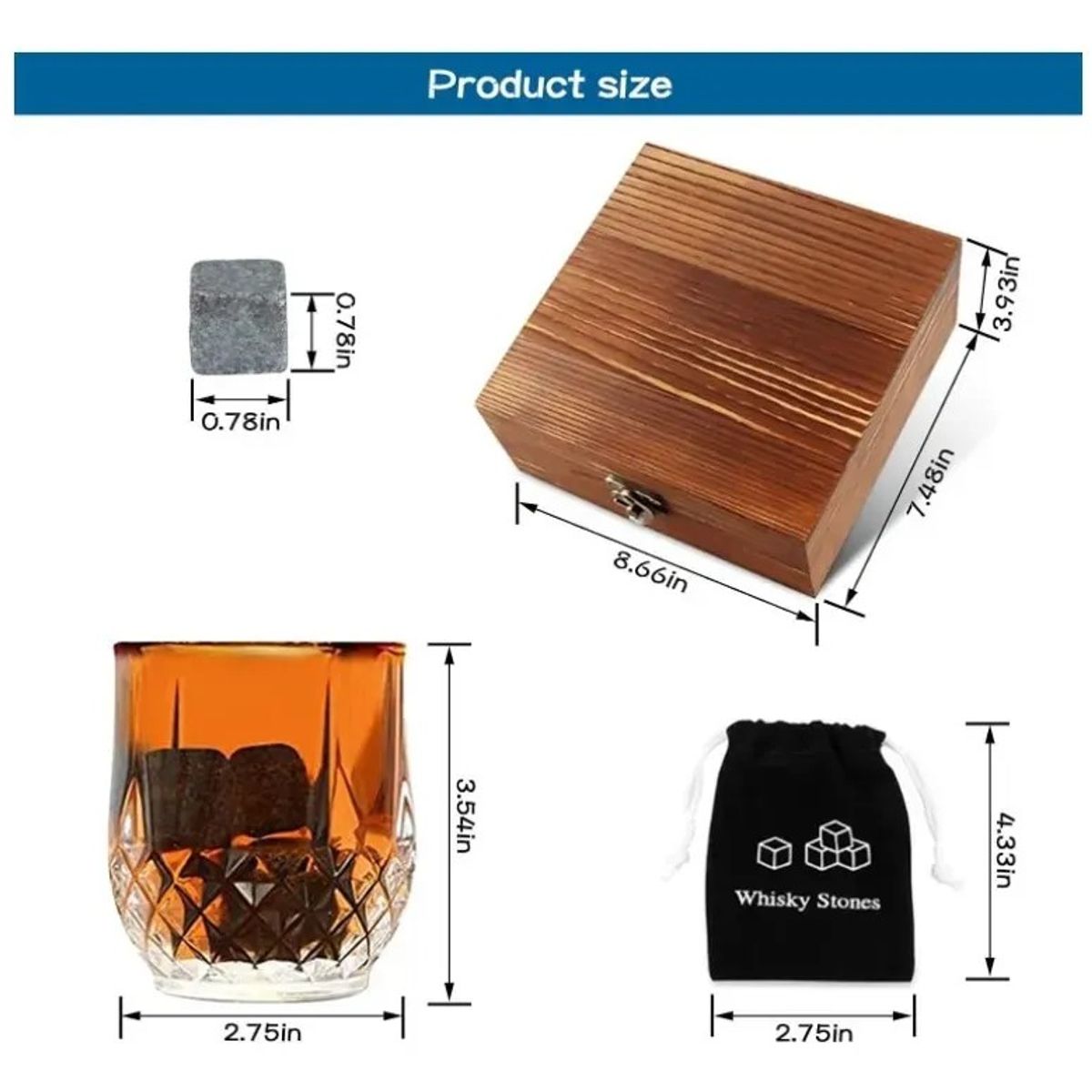 KUANGYE - Whiskey Stones Set Granito Chill+2 Vasos Whiskey Caja Madera
