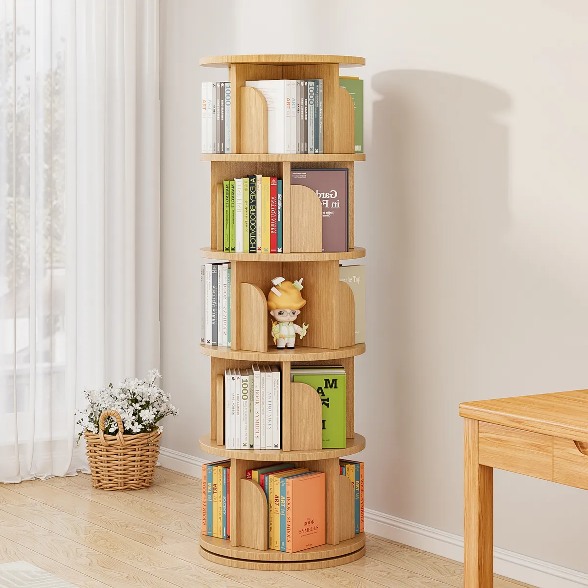 ROHE - Biblioteca Giratoria Librero Organizador Madera Rústica 150x46x46cm