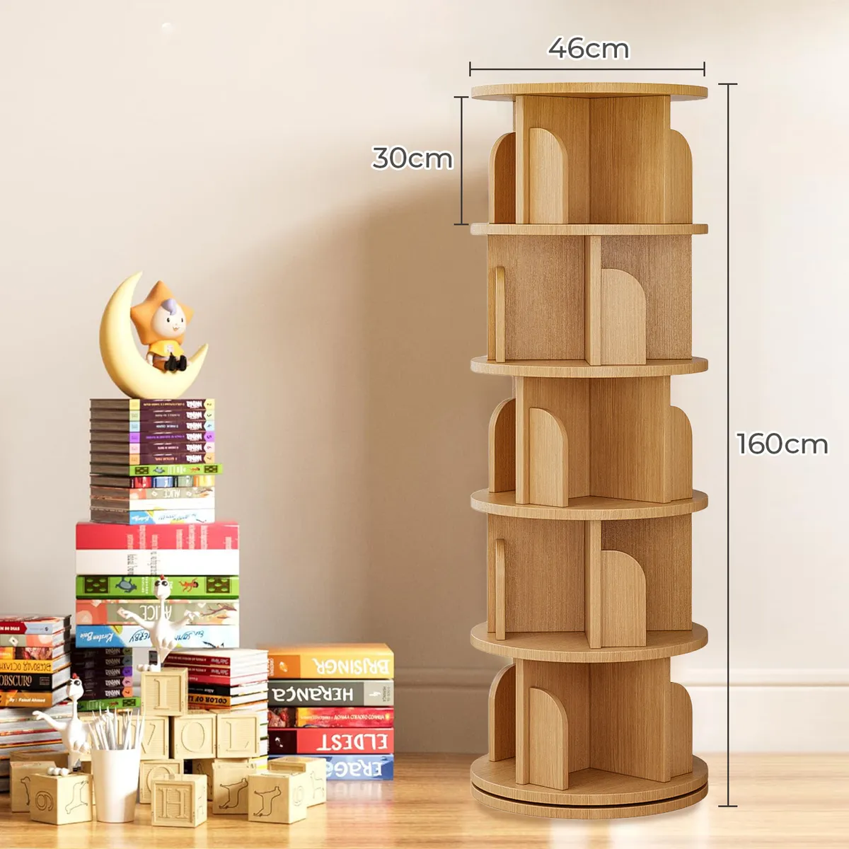 ROHE - Biblioteca Giratoria Librero Organizador Madera Rústica 150x46x46cm