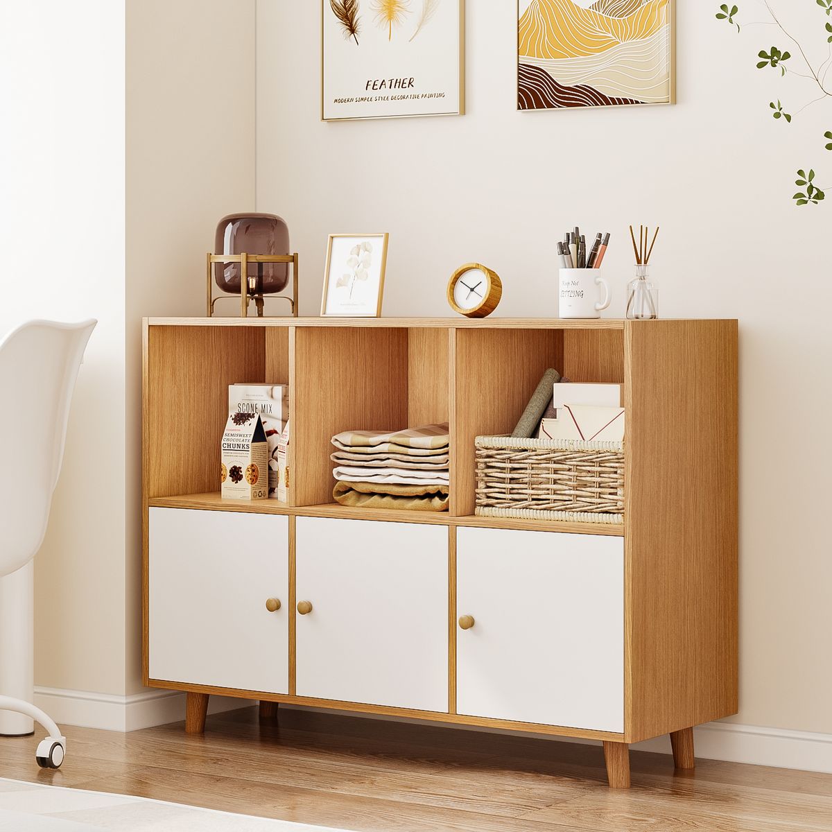 ROHE - Estanteria Librero 3+3 Puertas Color Madera 90 x 30 x 74 cm