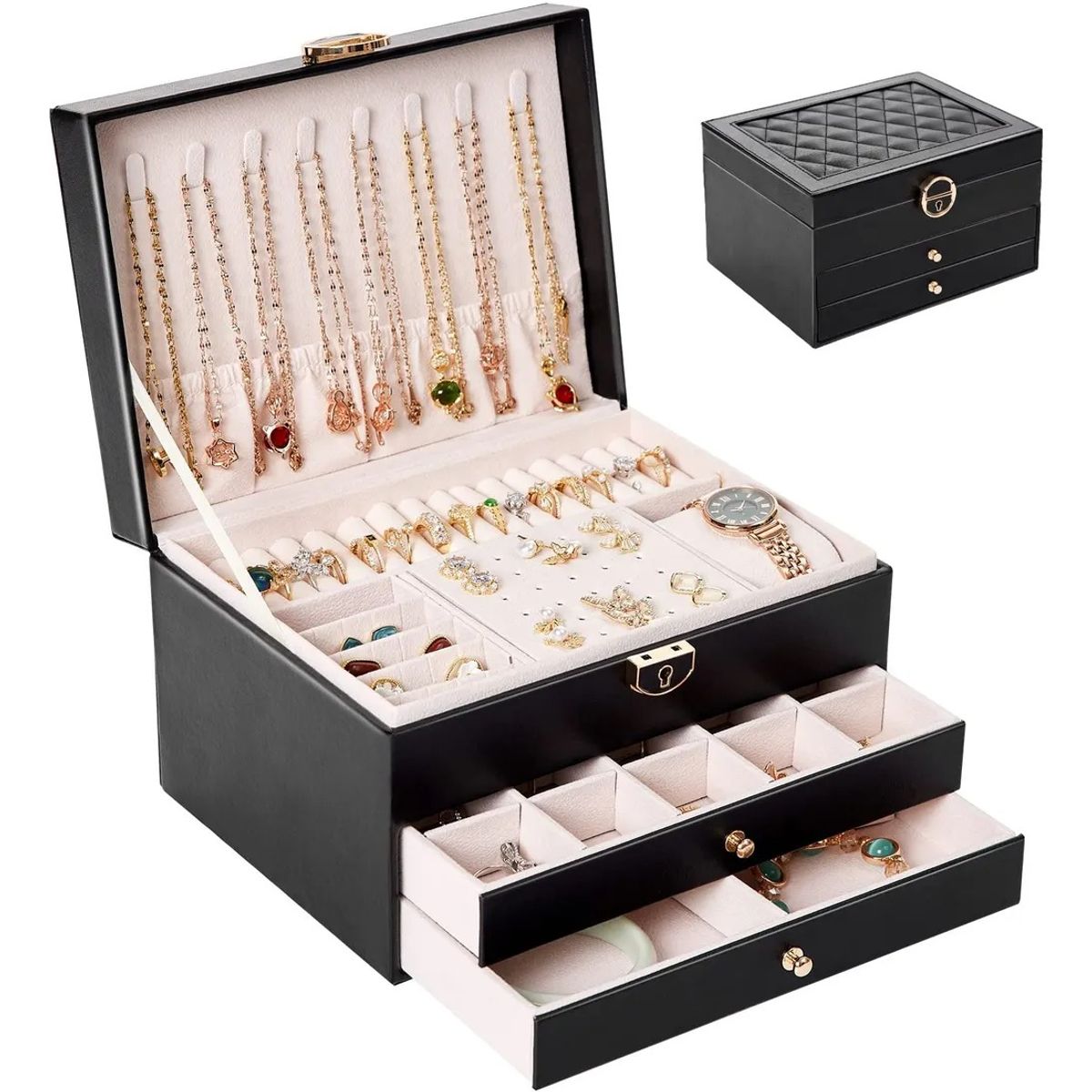 EVERSO - Joyero Caja De Joya Dos Capas Tipo Maleta Organizador Joyas Negro