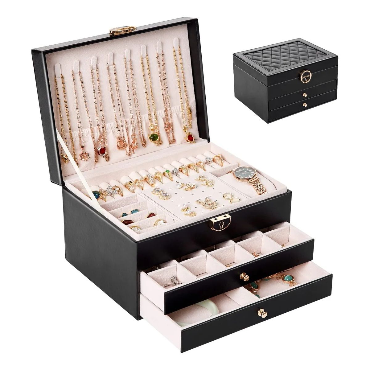 EVERSO - Joyero Caja De Joya Dos Capas Tipo Maleta Organizador Joyas Negro