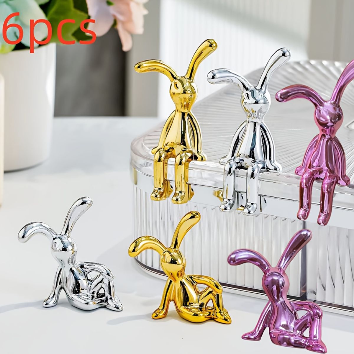VATYERTY - 6 piezas escultura decorativa de conejo dorada plateada y rosa dorada